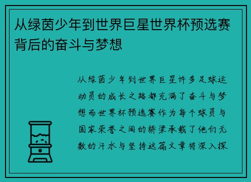 从绿茵少年到世界巨星世界杯预选赛背后的奋斗与梦想